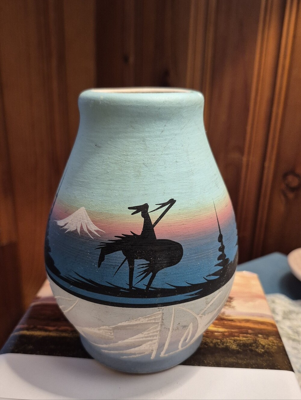 Hand-painted Navajo Pottery Sunset "End of Trail" Native American Vase Signed